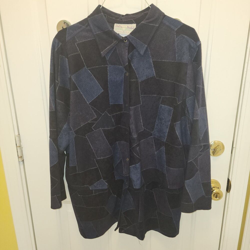 Vintage Delta Burke Geometric Patchwork Button Up Blouse Blue Navy Tunic 1x